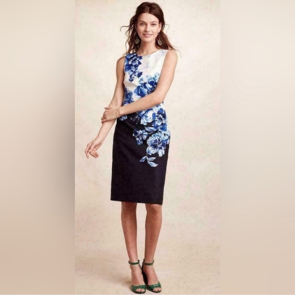 Maeve Blue Floral Sheath Dress with Blue and White Design